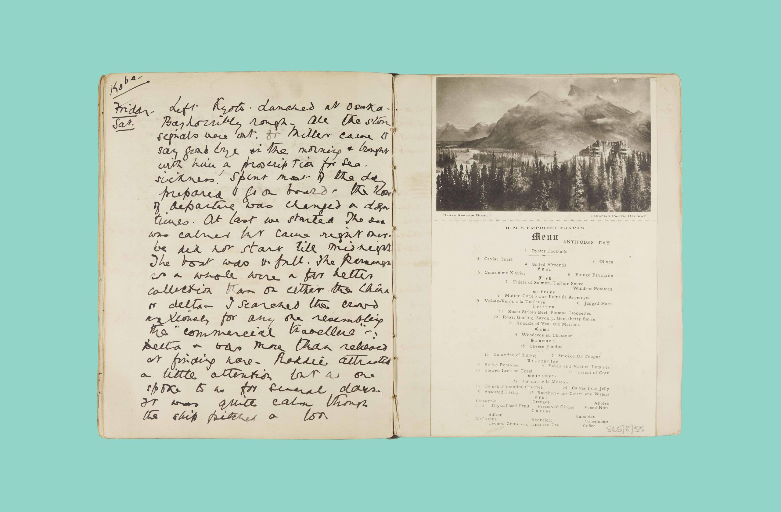 Menu from cruise ship pasted into Ysabel Birkbeck's diary. The menu includes multiple savoury and sweet courses