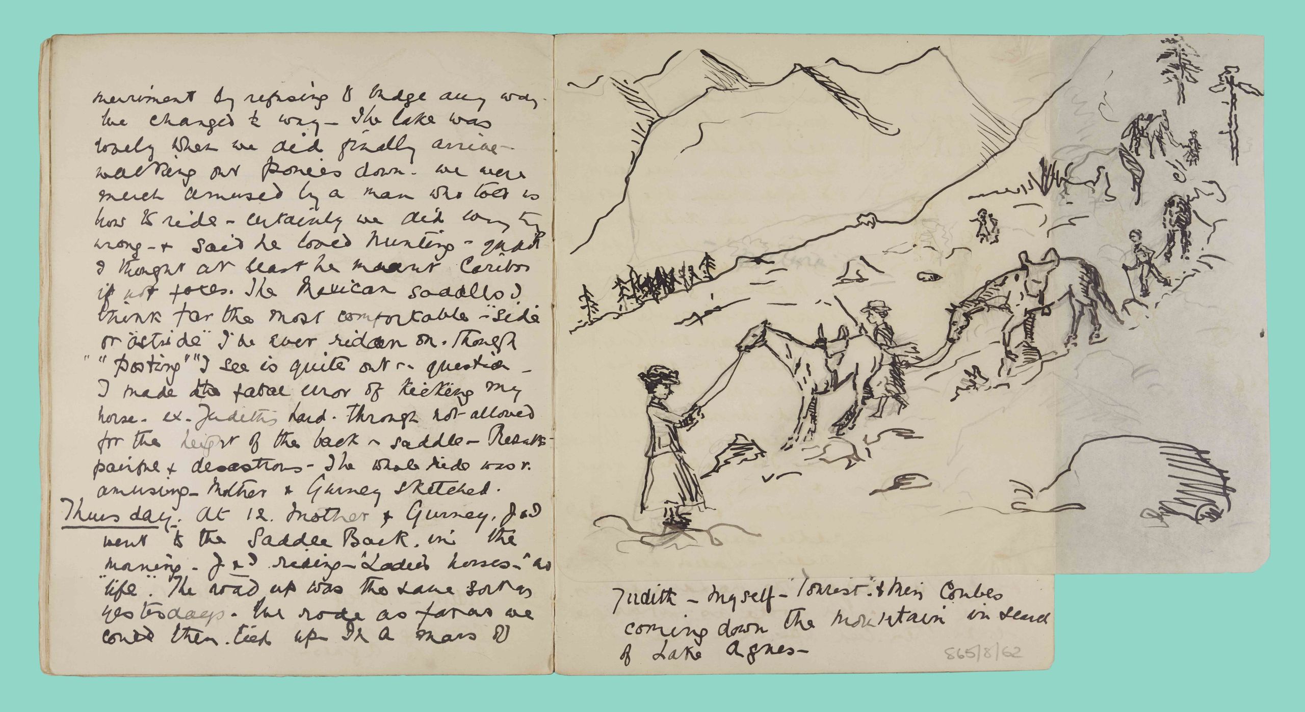 Page from Ysabel Birkbeck's diary, featuring handwritten text and sketch of men and women leading some horses down a mountain