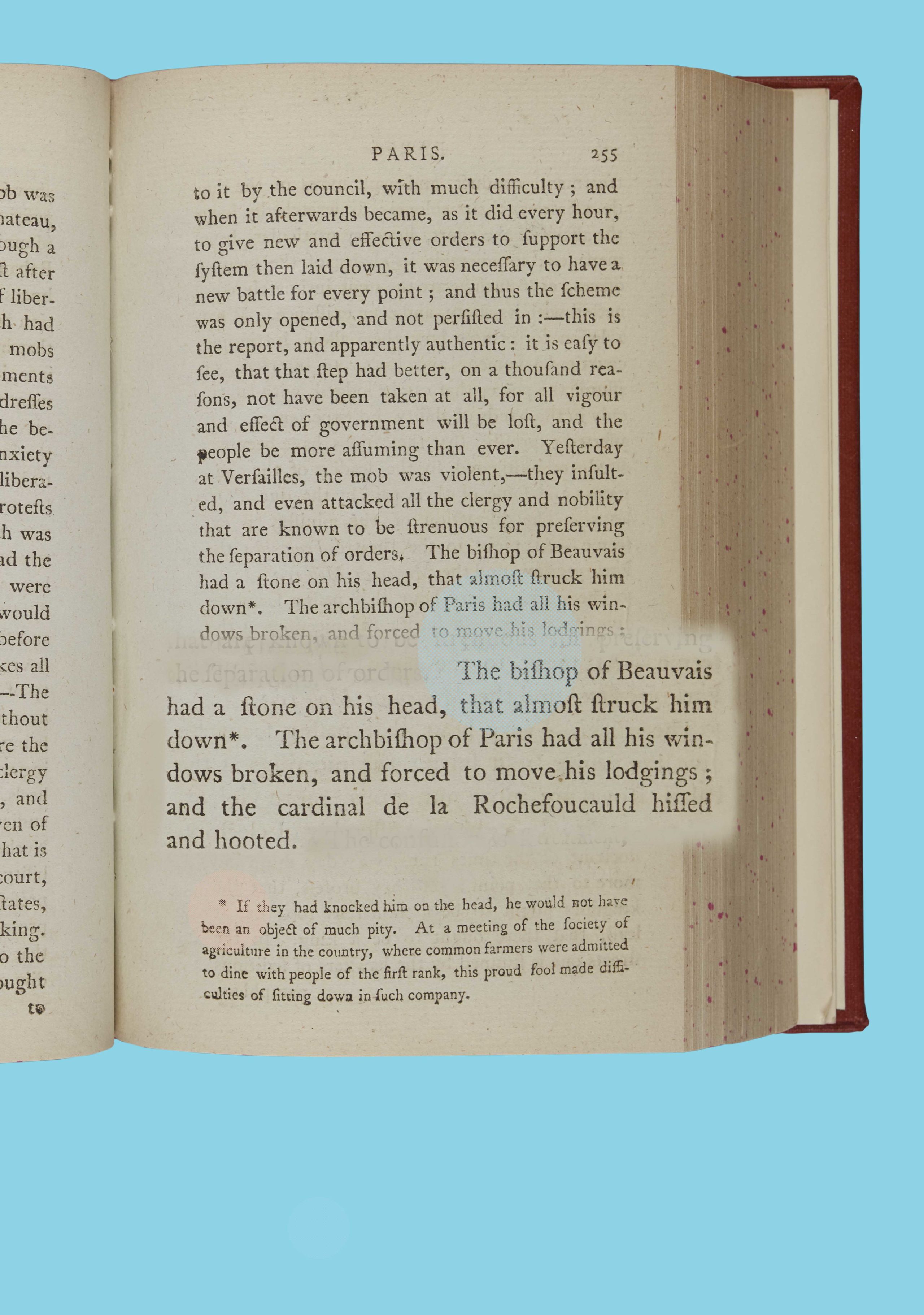 Page from Arthur Young book with quote describing attacks on the elites in France during the French Revolution