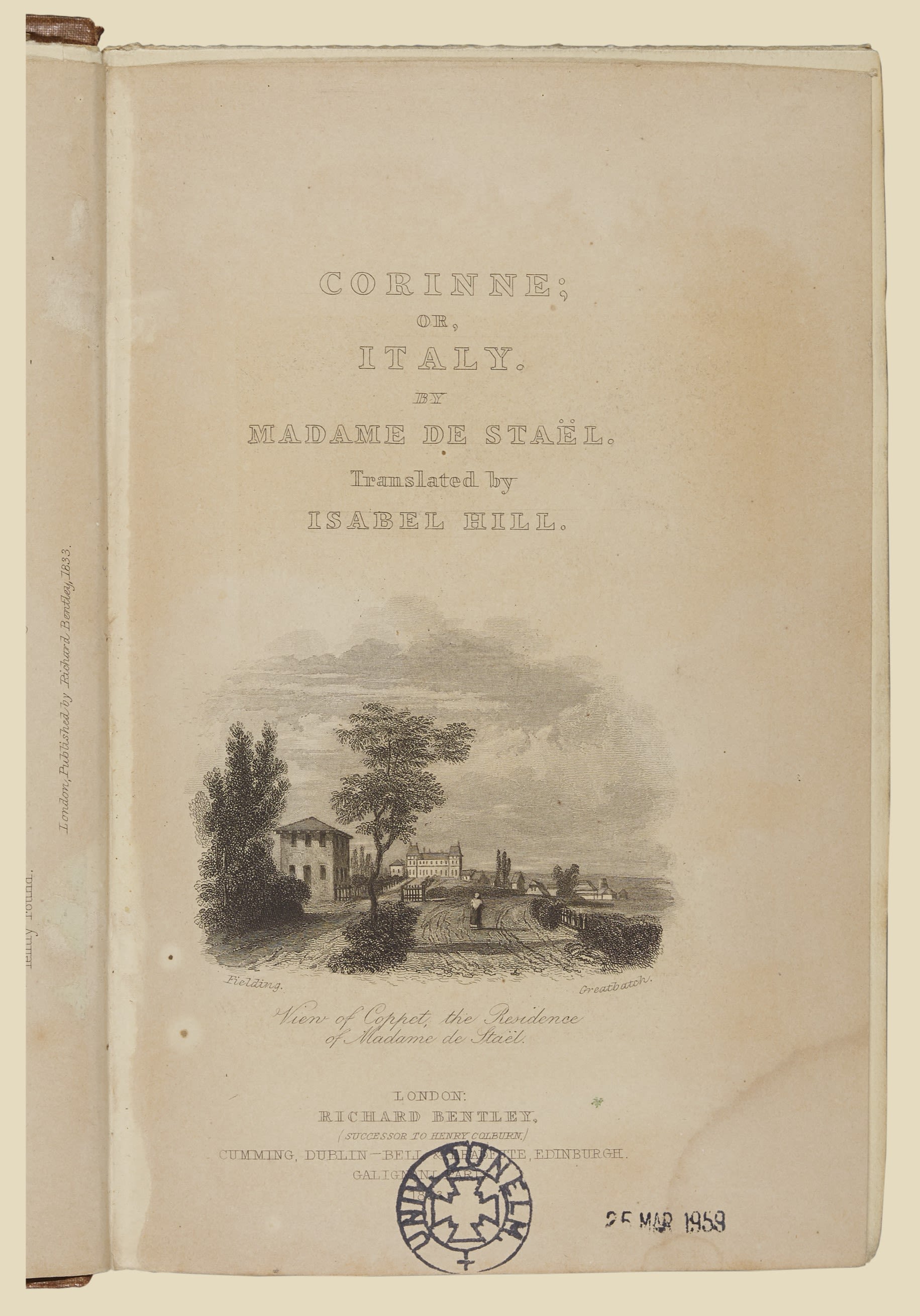 Title page of Corinne, or Italy, by Madame de Stael, with an illustration of an Italian villa.