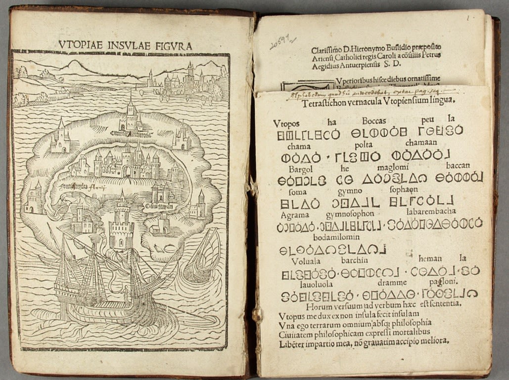 Two pages from the first edition of Utopia by Thomas More, showing the title page and a map of Utopia