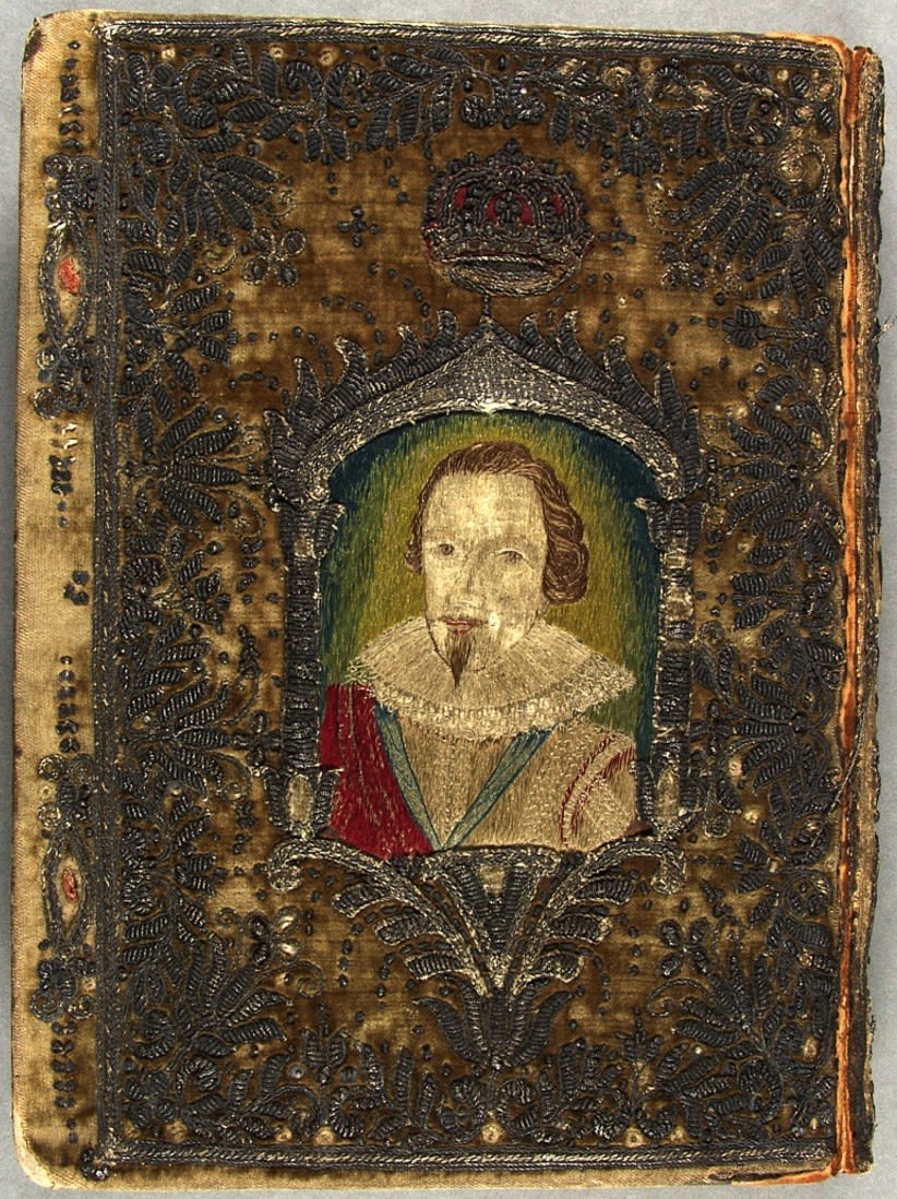 Decorated cover of Francis Bacon, The Essayes, showing portrait of the Duke of Buckingham