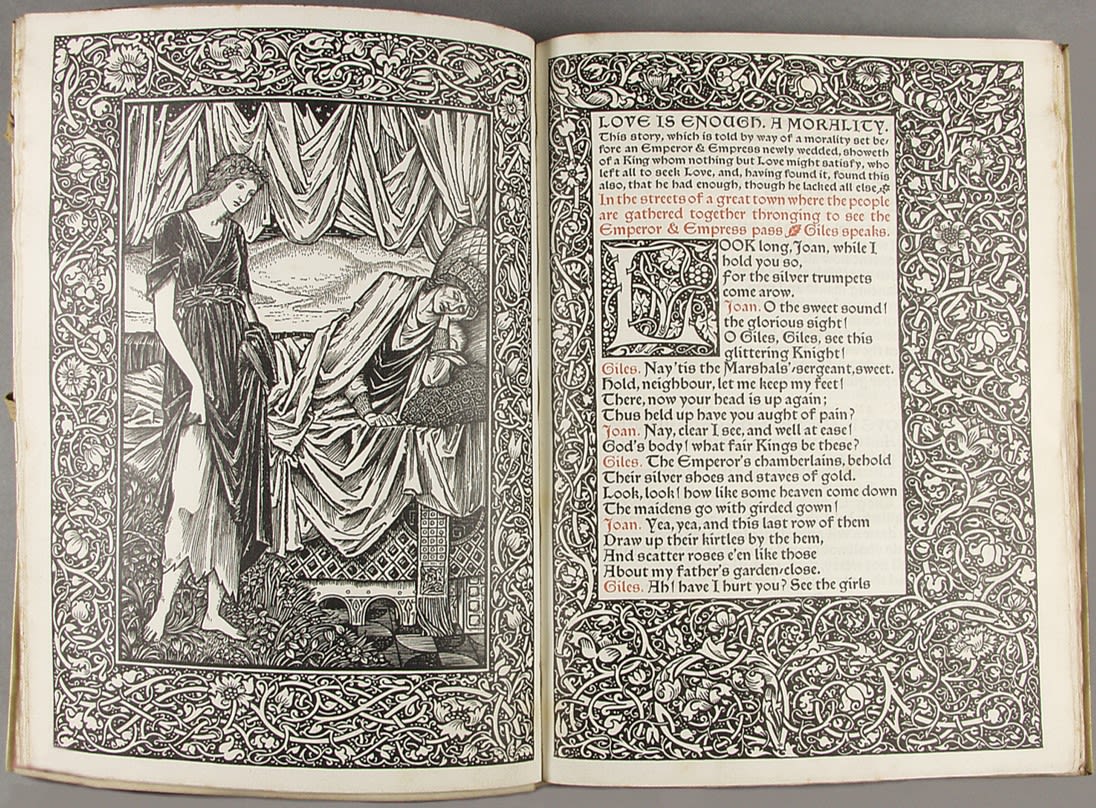 Two elaborately decorated pages from William Morris's, Love Is Enough