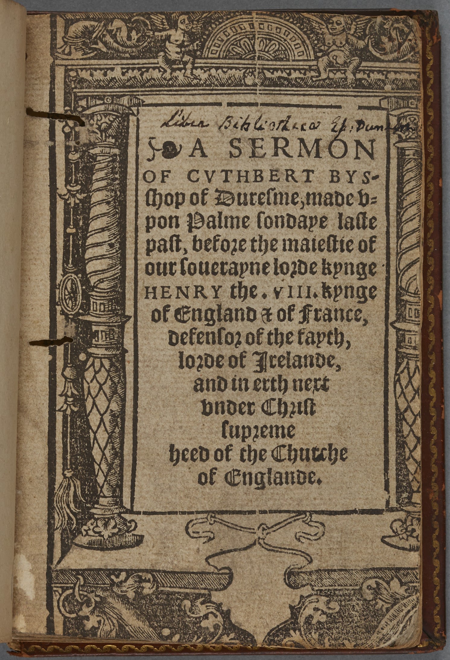 Title page of a book with a long title in early modern English framed by a border of columns and plants.
