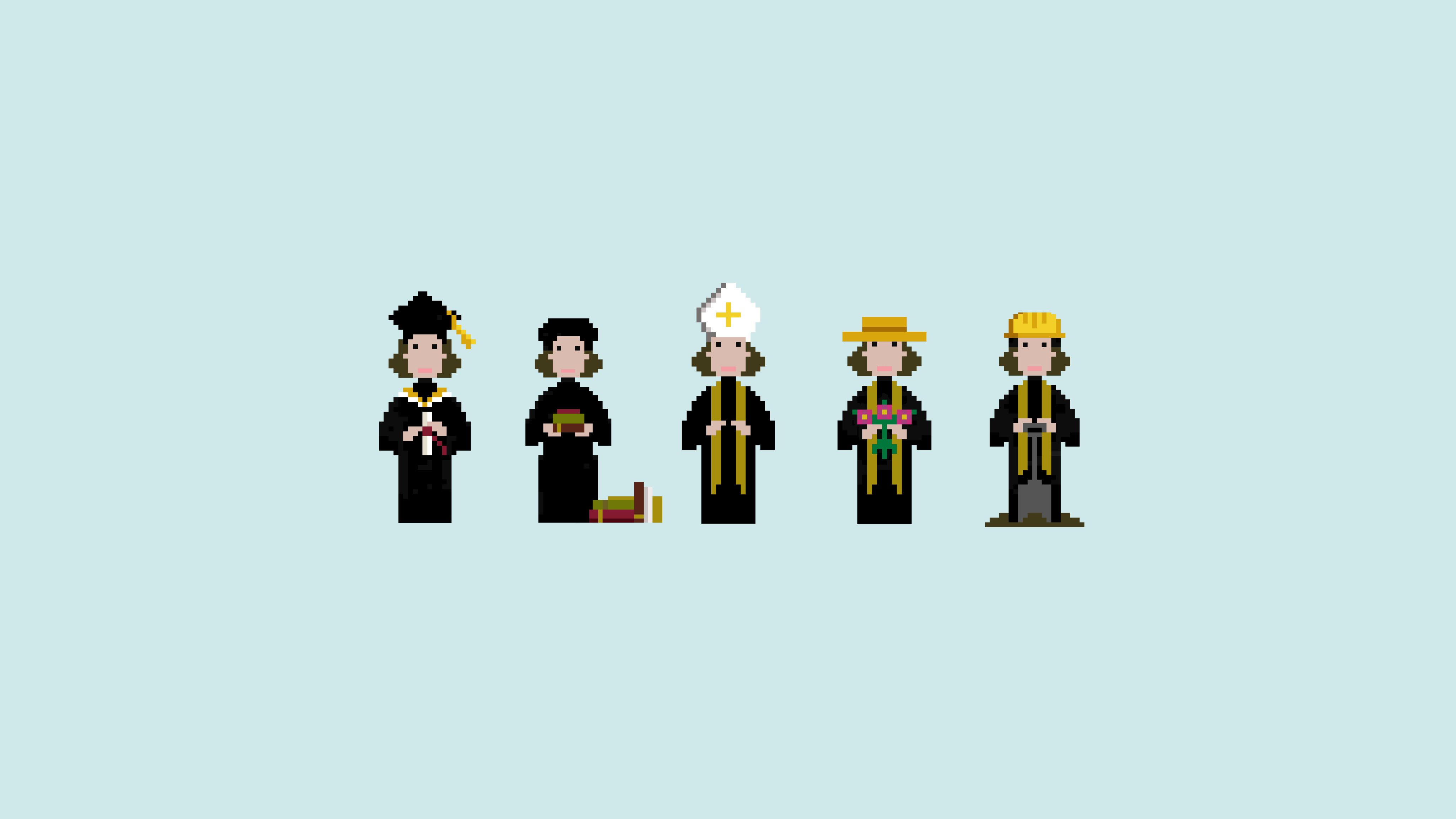 Five pixel art images of Cuthbert Tunstall stand side by side showing his different roles and interests. Tunstall the Scholar holds a scroll and wears a graduate's hat, Tunstall the Collector holds a pile of books, Tunstall the Bishop wears a tall white Bishop's hat, Tunstall the Gardener wears a straw hat and holds a bunch of flowers and Tunstall the Builder wears a yellow hard hat and holds a spade.