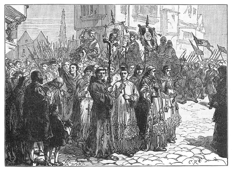 Black and white illustration showing a crowd of men wearing robes and holding sticks. They are gathered together in protest.
