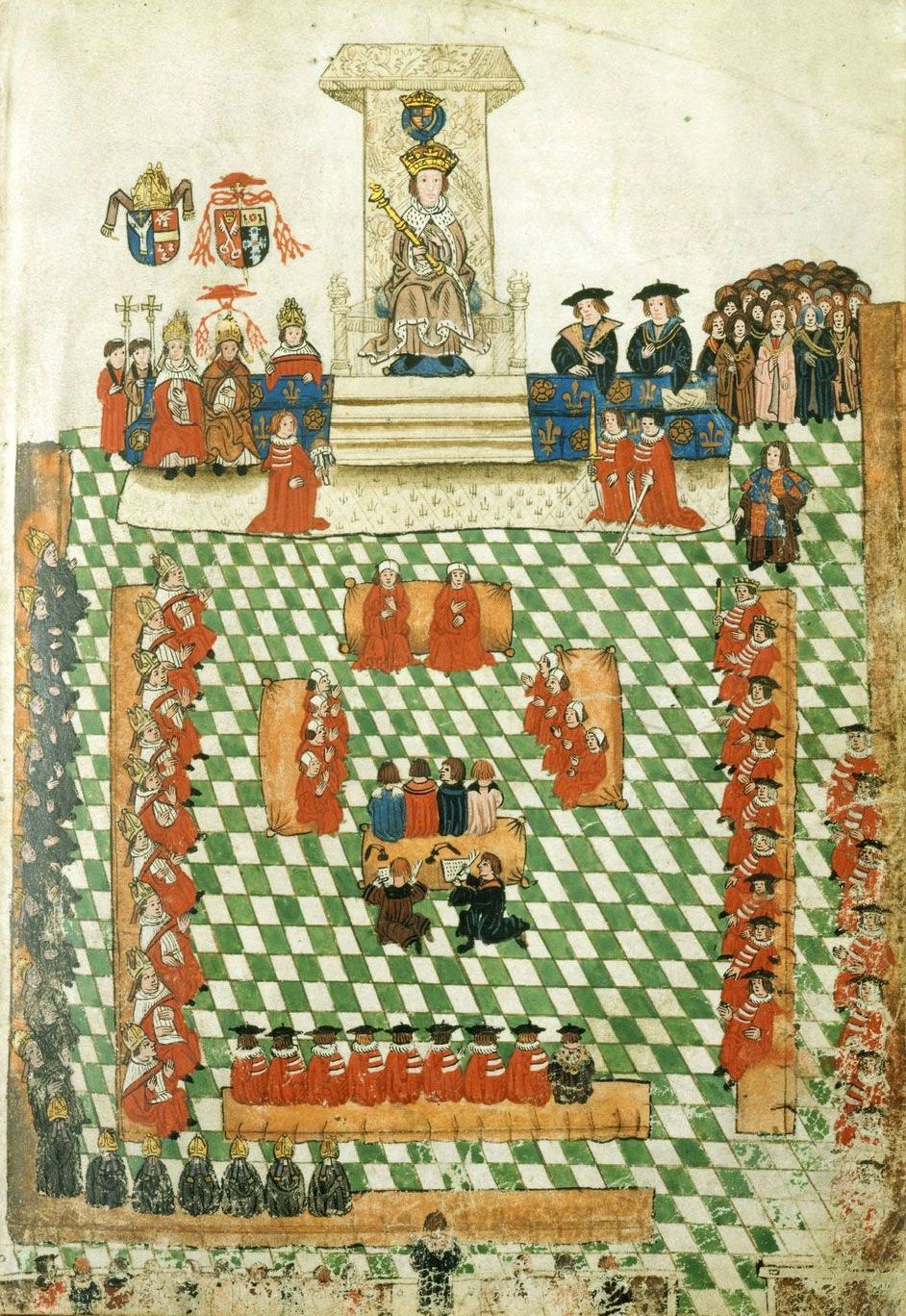 Colour illustration showing an overhead view of the parliament of King Henry VIII. The king sits on a throne at the top of image, wearing a crown and holding a sceptre. Men in official robes wearing mitres and carrying crosses stand either side. Further down the image men in red robes sit on benches in rows facing the King.g