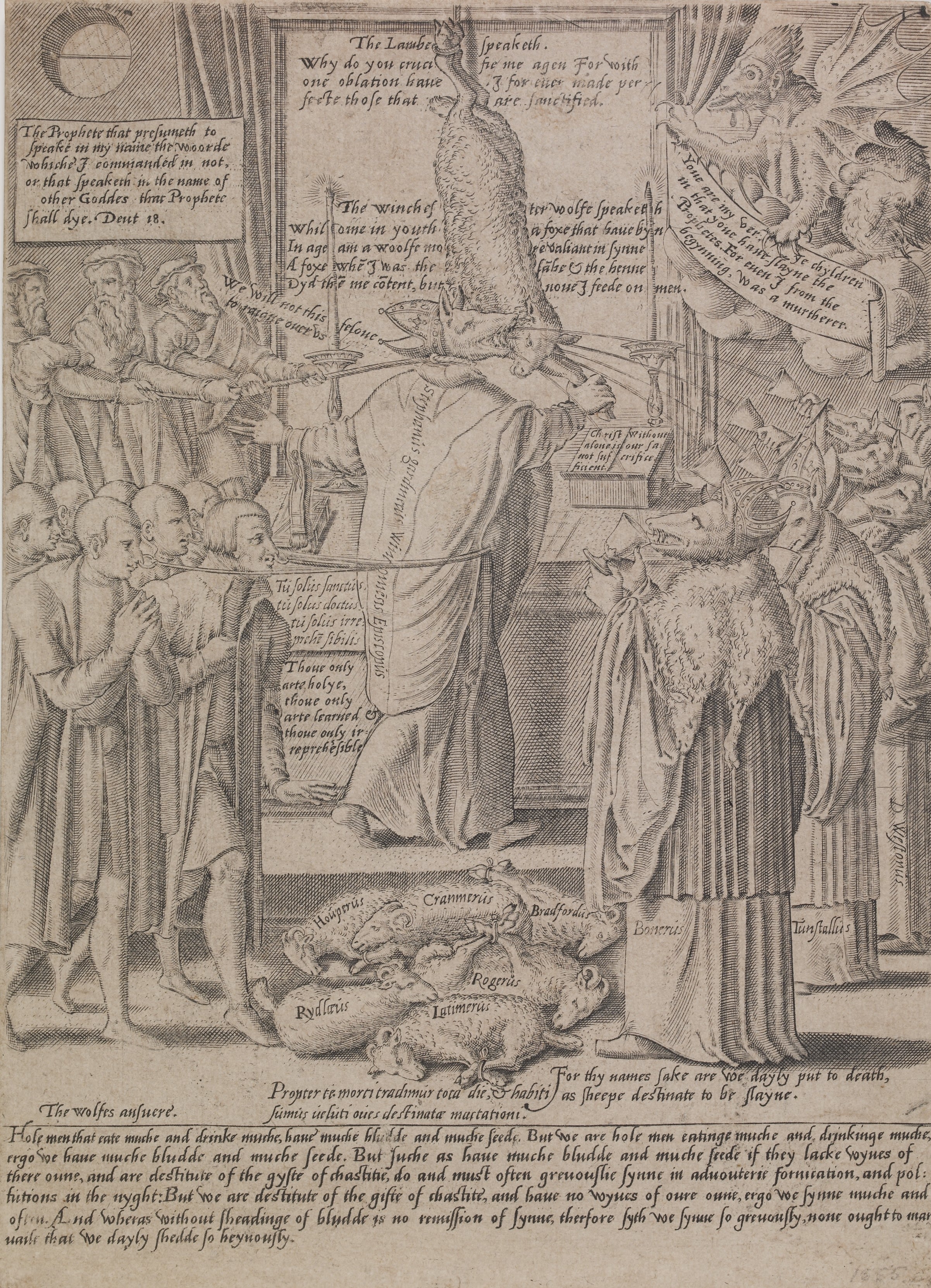 Black and white illustration taken from a book, showing a wolf dressed in a robe and mitre taking a bite from a lamb suspended from the ceiling. These central figures are surrounded by dead lambs and other wolves in robes holding out chalice cups to catch the blood.