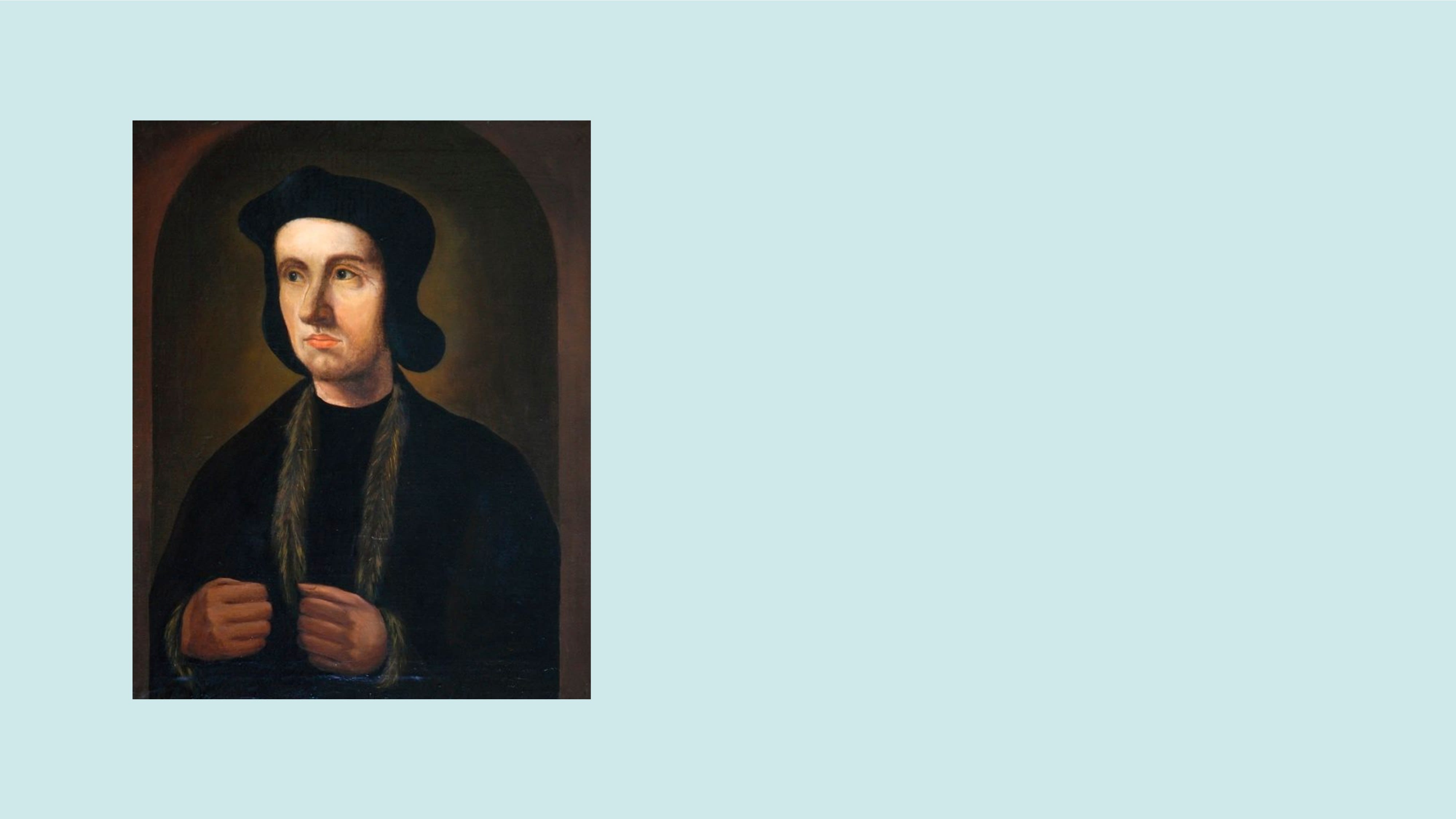 Painted portrait of Cuthbert Tunstall from Durham Castle collection. Cuthbert wears a black hat and robe. He looks to his right, with his hands clenched to his chest.