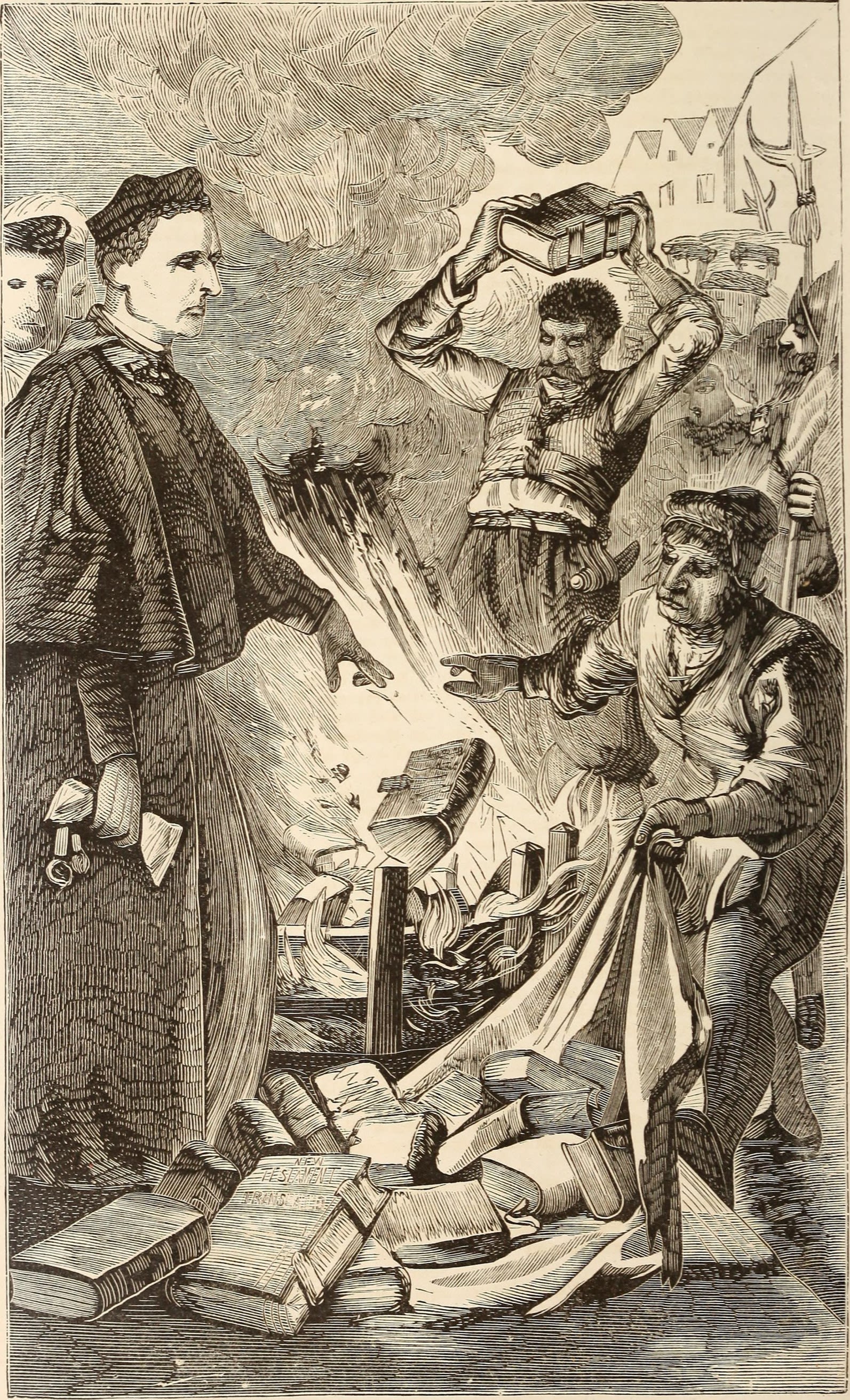 Black and white illustration showing Cuthbert and other men throwing copies of the New Testament into a fire.