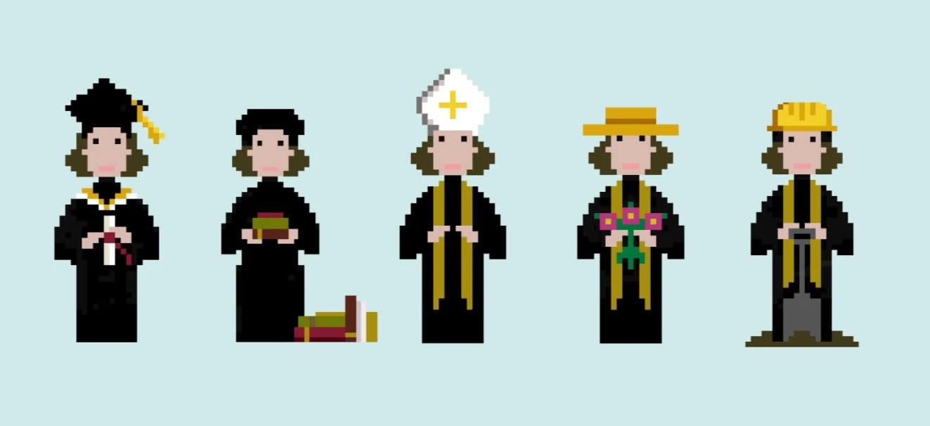 Five pixel art images of Cuthbert Tunstall stand side by side showing his different roles and interests. Tunstall the Scholar holds a scroll and wears a graduate's hat, Tunstall the Collector holds a pile of books, Tunstall the Bishop wears a tall white Bishop's hat, Tunstall the Gardener wears a straw hat and holds a bunch of flowers and Tunstall the Builder wears a yellow hard hat and holds a spade.