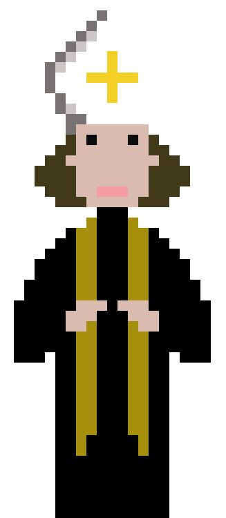 Pixel art image of Cuthbert the Bishop, wearing a tall white Bishop's hat with a golden cross on the front.