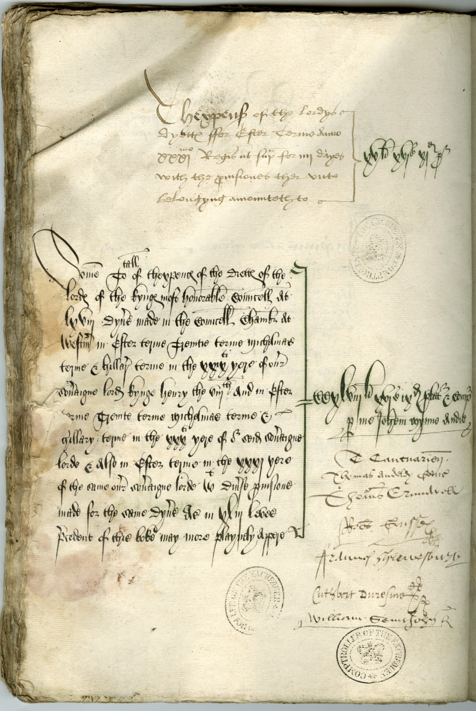 A 16th century handwritten document with various signatures on the right hand side.
