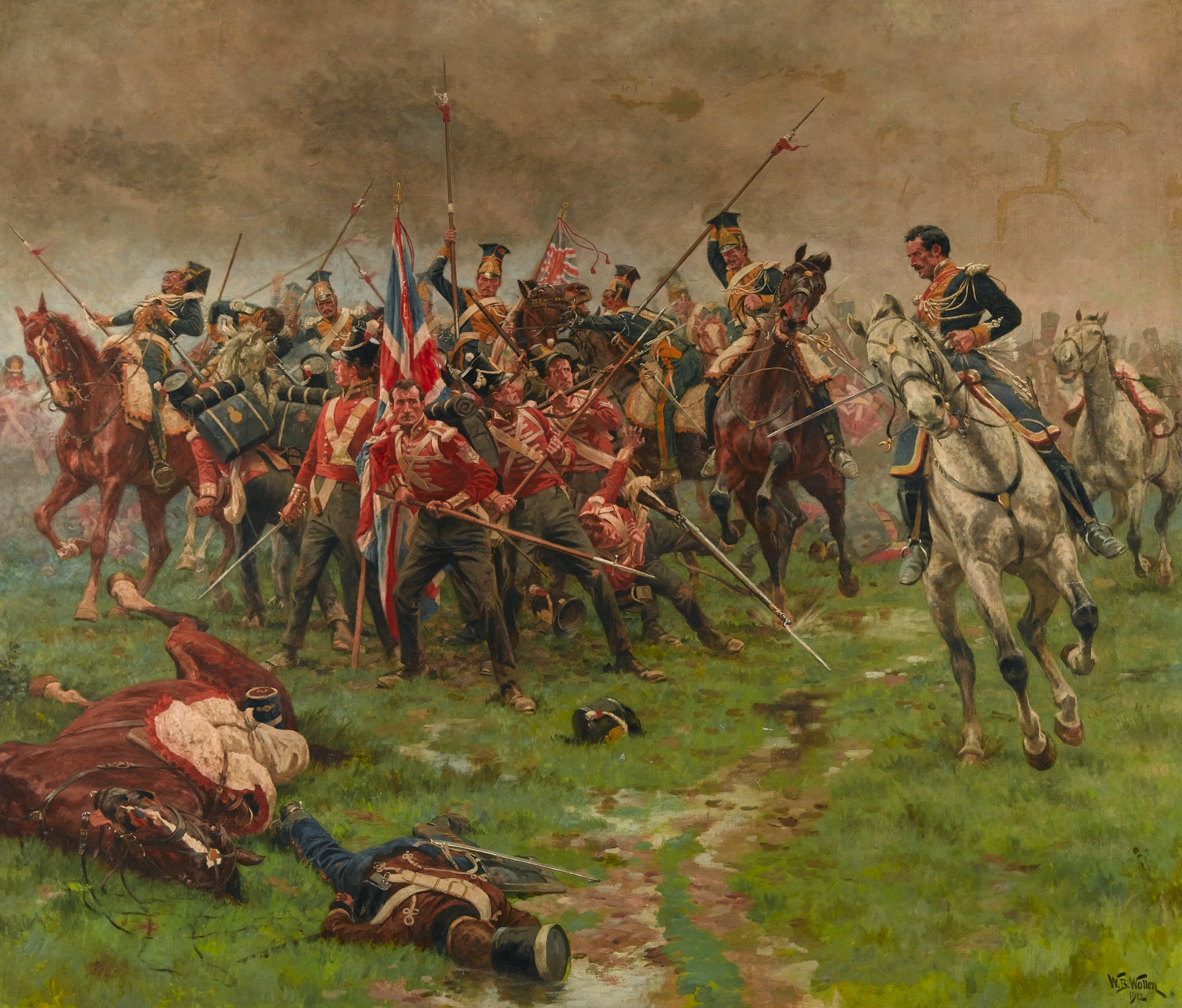 Painting showing a British Colour Guard surrounding their Colours on a battlefield. Enemy soldiers can be seen circling and approaching on horseback, while the Colour Guard stand poised and determined to fight.