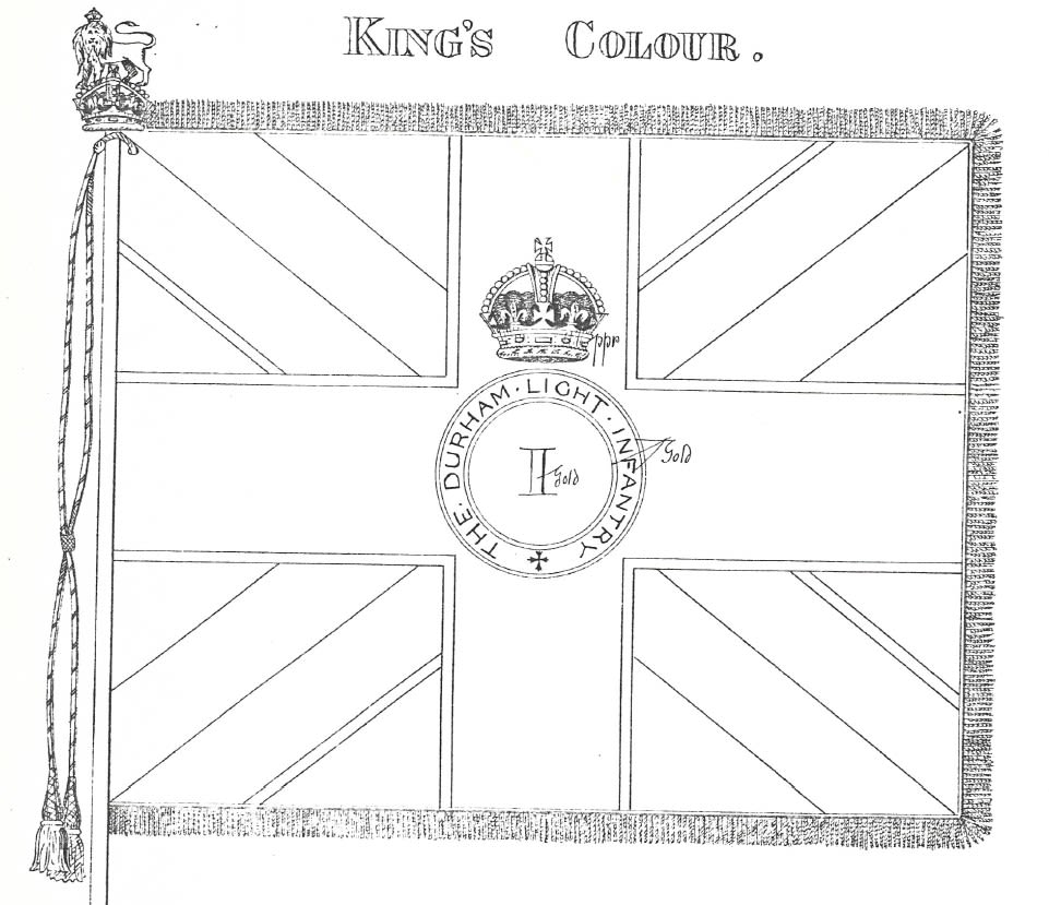 Black and white illustration of the King's Colours of the First Battalion Durham Light Infantry. Illustration shows a Union Flag with the crest and name of the regiment in the centre.