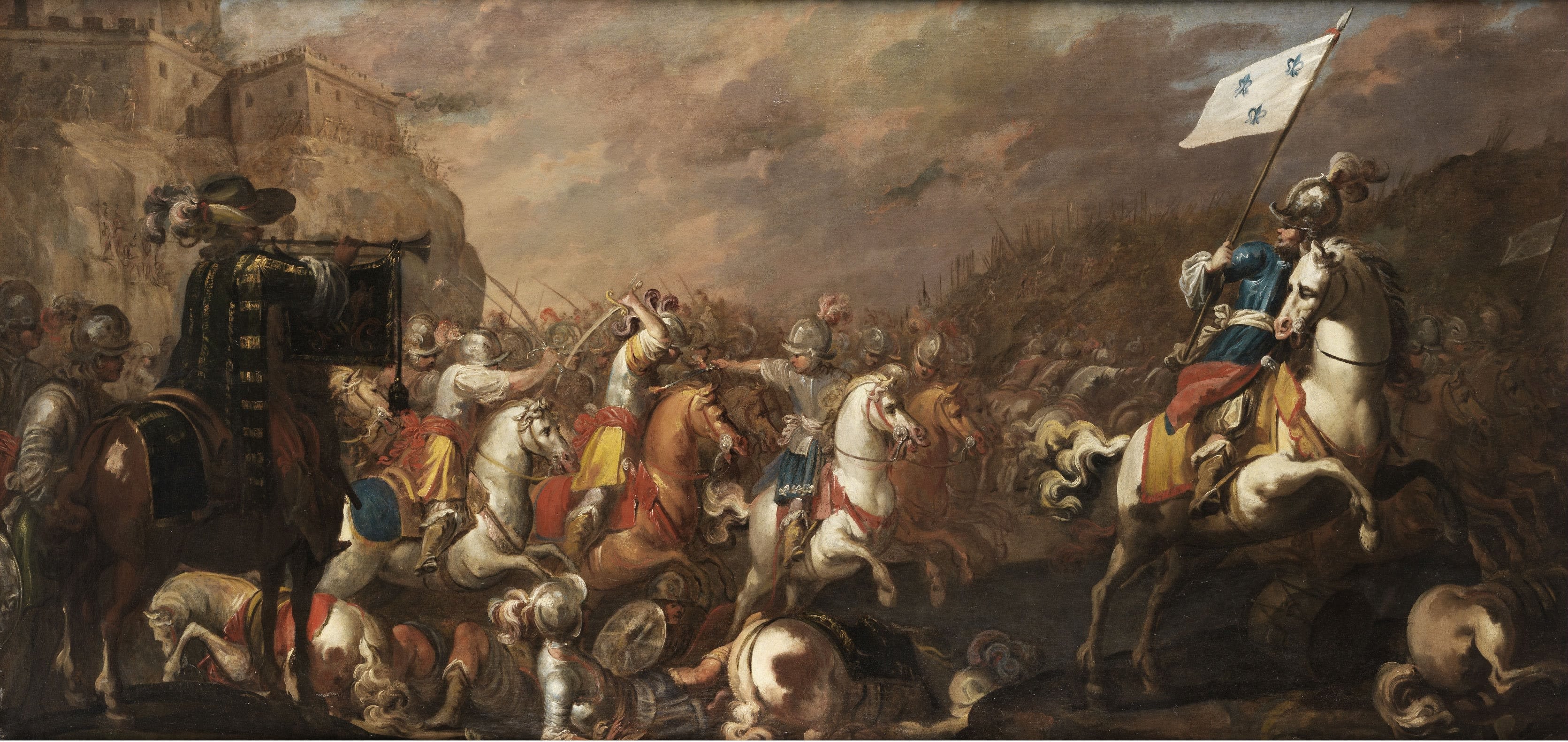 Painting showing a soldier on horseback running through a battlefield holding his army's flag aloft. Behind him a violent battle rages, with soldiers on horseback fighting with swords.