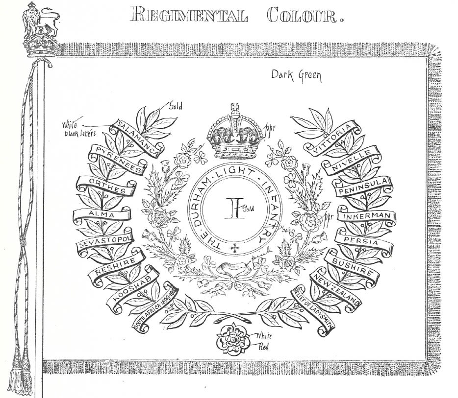 Black and white illustration of the Regimental Colours of the First Battalion Durham Light Infantry. Illustration shows the crest and name of the regiment in the centre, surrounded by a wreath listing battles fought by the DLI.